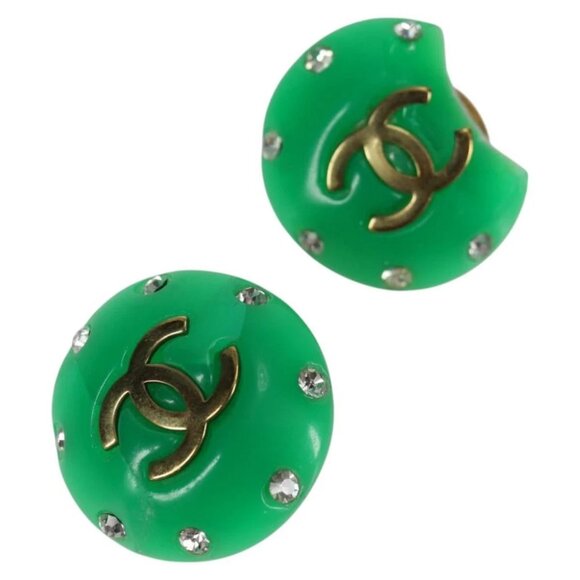 CHANEL Clip-on Earring Gold Tone Green CC Auth - Picture 1 of 12